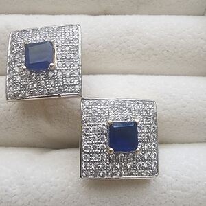 Elegant Silver Tone and Blue Square Earrings